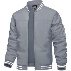 🆕Mens Light Grey Bomber Lightweight Casual Spring Windbreaker Zip Up Jacket